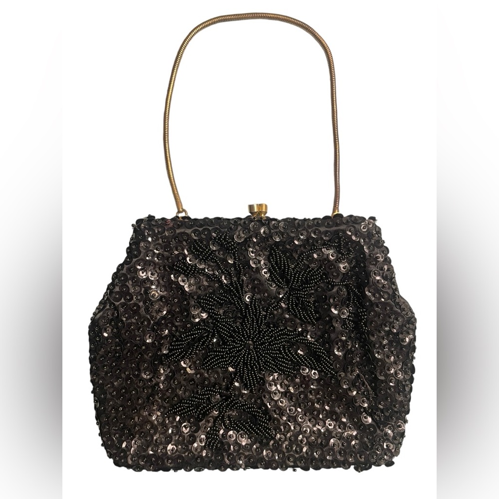 Vintage 50’s Grande Maison Blanche handmade evening clutch beading black gold